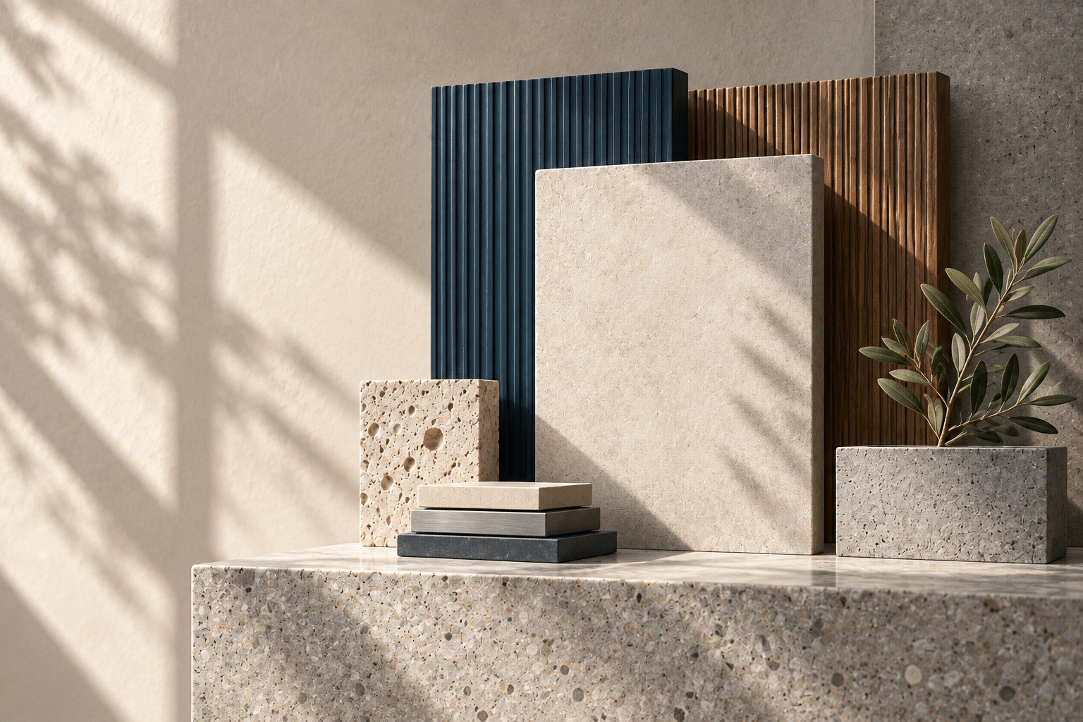 Materiali d’interni, intonaco minerale, legno e superficie Stiffkey Blue illuminati dalla luce naturale