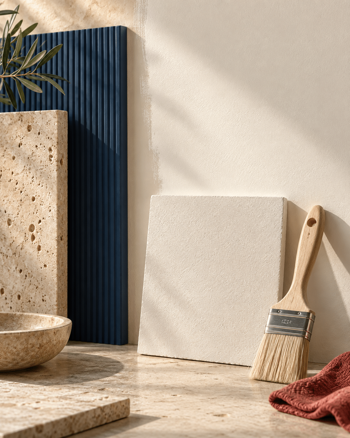 Campioni di intonaco e materiali architettonici con un pennello per rappresentare BLOCCACONDENSA Fondo
